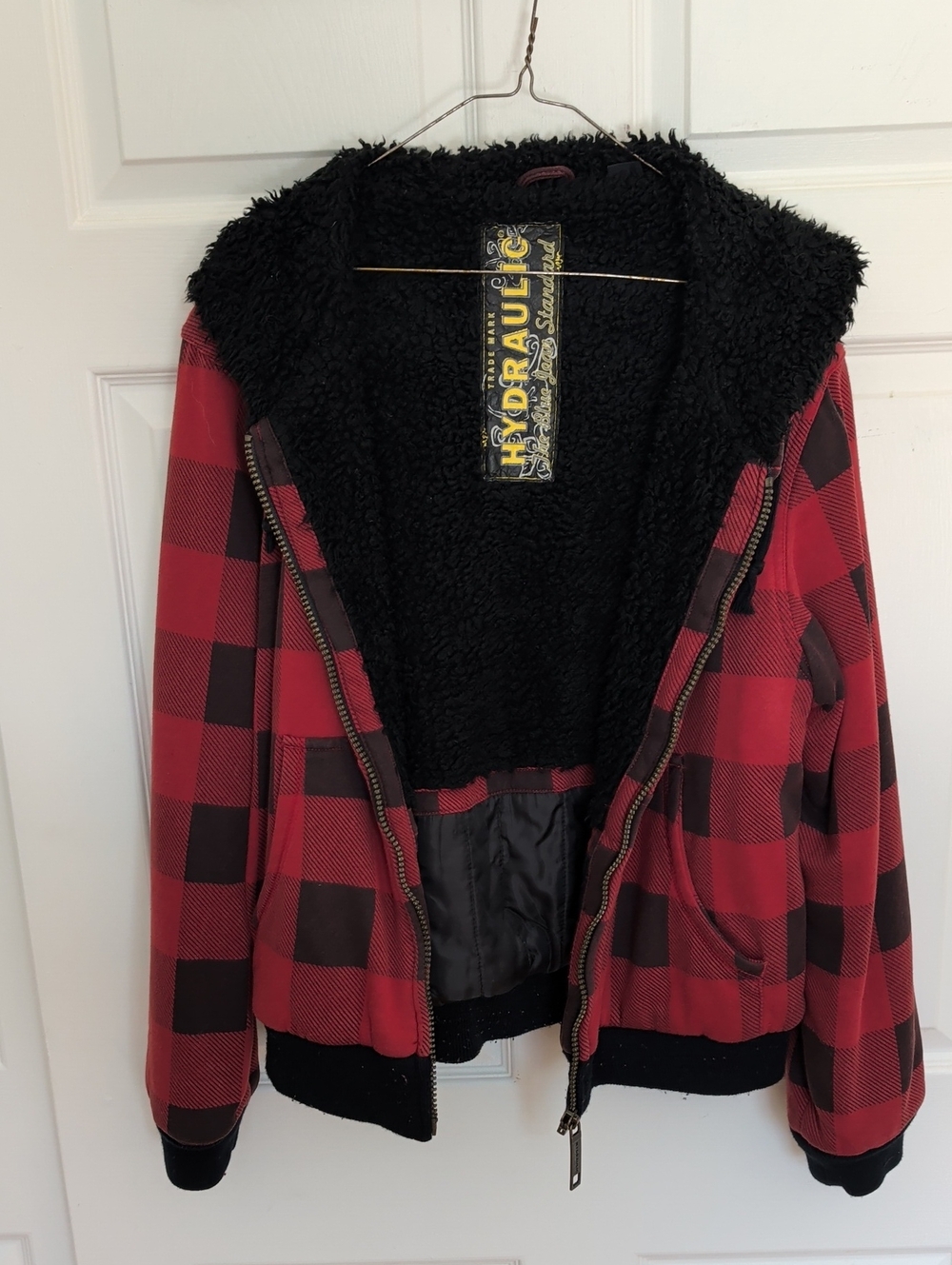 Hydraulic Red and Black Buffalo Plaid Sherpa-Lined Bomber Jacket
